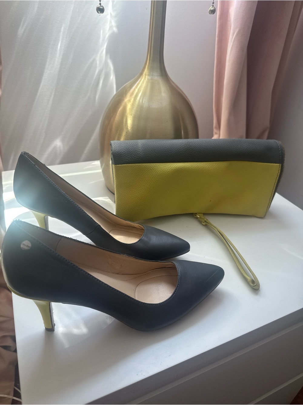 Neiman Marcus Black Pumps with Yellow Stiletto Heel and Matching Clutch